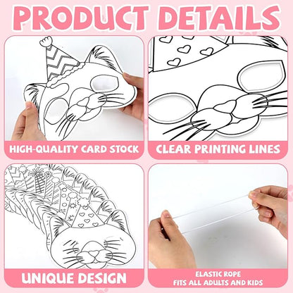 Lonfliness 36 Set Cat Coloring Mask Animal Paper Arts Crafts Kids Color Your Own Birthday Cat Blank DIY Mask Masquerade Birthday Party Dress-Up Decoration Favor School Classroom Activity Game Supplies