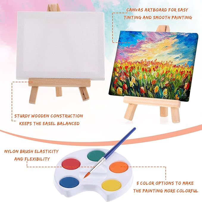 Glenmal Watercolor Paint Sets 3 x 4 Small Painting Canvas with Easel Paints Brush Set Kids Art Party Favors and Party Supplies Washable Watercolor Bulk for Kids Birthday Prizes (24 Sets)