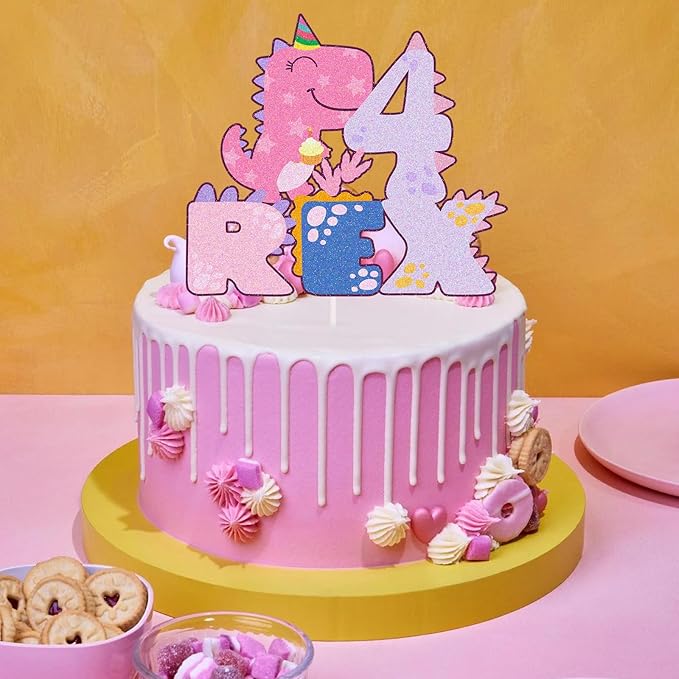 Pink Dinosaur Cake Toppers,Dinosaur 4 Rex Cake Topper, Four Rex Birthday Decorations for Girl Dinosaur 4 Years Old Birthday Party Supplies