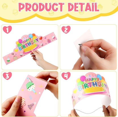 Yunsailing 108 Pcs Happy Birthday Party Supplies for Kids Include 36 Birthday Paper Crowns 36 Birthday Badge Stickers 36 Happy Birthday Slap Bracelets for Classroom School Party Supply(Fresh Color)