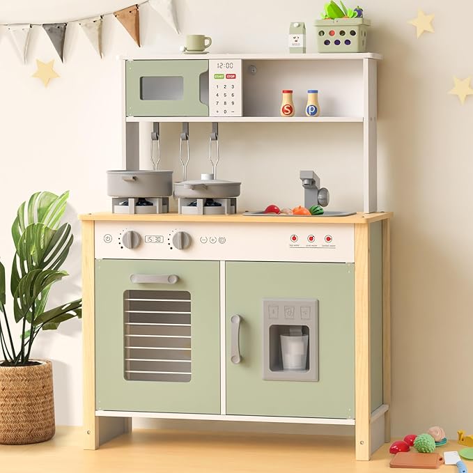 Babytronic Kids Play Kitchen, Wooden Kitchen Playset for Kids Ages 3+ with Real Lights, Sounds, Stove, Sink, Oven, and 30 Pcs Accessories, Toys Kitchen Small Pretend Play Kitchen for Toddlers (Green)