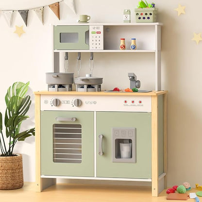Babytronic Kids Play Kitchen, Wooden Kitchen Playset for Kids Ages 3+ with Real Lights, Sounds, Stove, Sink, Oven, and 30 Pcs Accessories, Toys Kitchen Small Pretend Play Kitchen for Toddlers (Green)