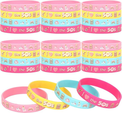 Serencatcher 50’s Sock Hop Party Bracelets, 1950s Party Decorations with 24pcs Rock and Roll Party Favors Silicone Bracelets Wristbands for Retro Rock N Roll Music Disco Dancing Birthday Party