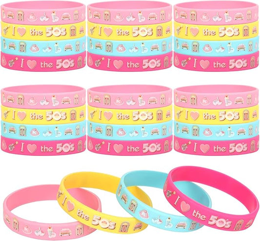 Serencatcher 50’s Sock Hop Party Bracelets, 1950s Party Decorations with 24pcs Rock and Roll Party Favors Silicone Bracelets Wristbands for Retro Rock N Roll Music Disco Dancing Birthday Party