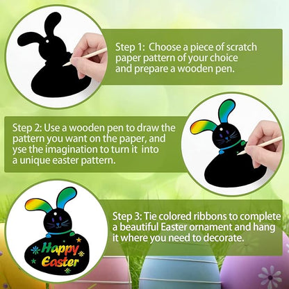 48 Pcs Easter Scratch Crafts for Kids, Rabbit Bunny Carrot Easter Egg Rainbow Scratch Paper Ornaments with Wooden Stick and Ribbon for Easter Party Favors