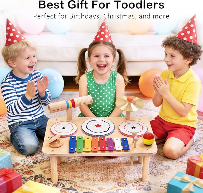 WINYGZ 9-in-1 Baby Drum Set, Low Noise Montessori Musical Instruments for Toddlers 1-3, Safe & Durable Wooden Music Toys for Quiet Sensory Play at Home, Great Birthday for Boys Girls
