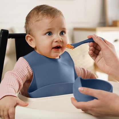 Complete Silicone Baby Feeding Set - 6+ Months Food Grade Baby Feeding Essentials | Silicone Bibs, Baby Bowls and Plates, 3 in 1 Baby Sippy Cup, Spoons and Fork Set | Free of BPA/PVC/Lead/Phthalate
