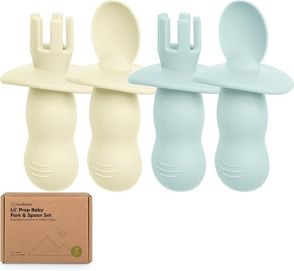 KeaBabies 4-Pack Silicone Baby Spoons and Forks Set - Baby Spoon Self Feeding, BLW Baby Utensils 6-12 Months, Baby Led Weaning Feeding Spoon, Teething Infant Baby Food Training Pre Spoon (Pastel Sky)
