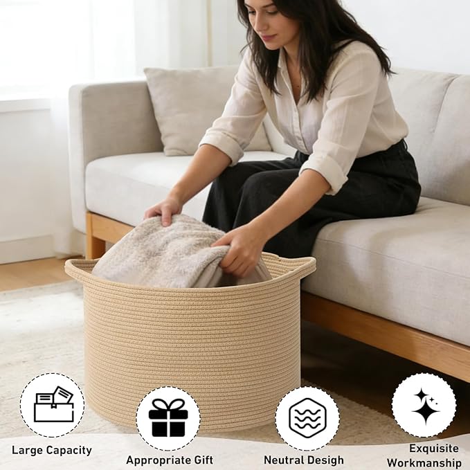 90L Large Blanket Basket, 21.7"x 21.7"x 13.8" Rope Woven Storage Basket with Handles, Laundry Hamper for Toys, Clothes, Pillows & Towels, Perfect for Living Room, Nursery & Bedroom,Camel