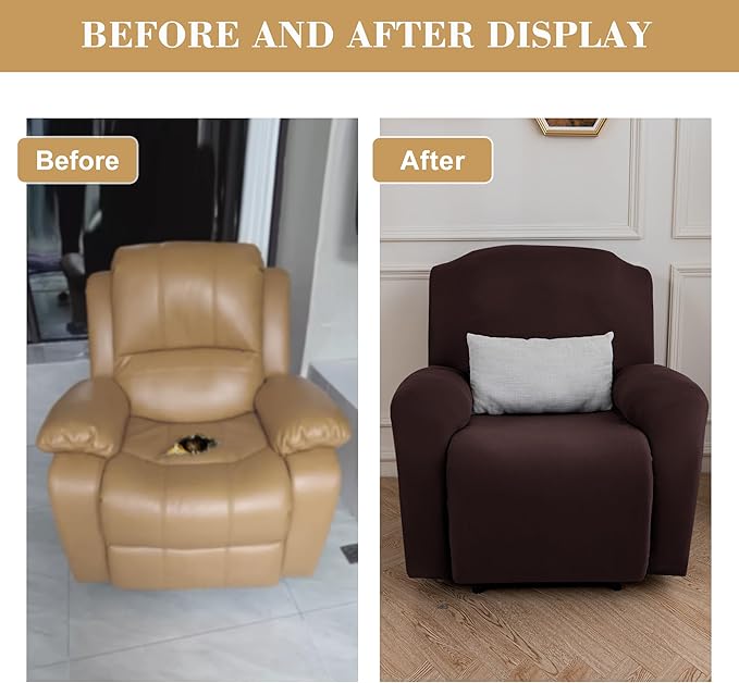 Jin Le 4 Pieces Recliner Cover Stretch Recliner Chair Cover 1 Seater Recliner Couch Covers Sofa Covers Stretch Soft Furniture Protector with Elastic Bottom and Ties for Kids Pet(Recliner, Brown)