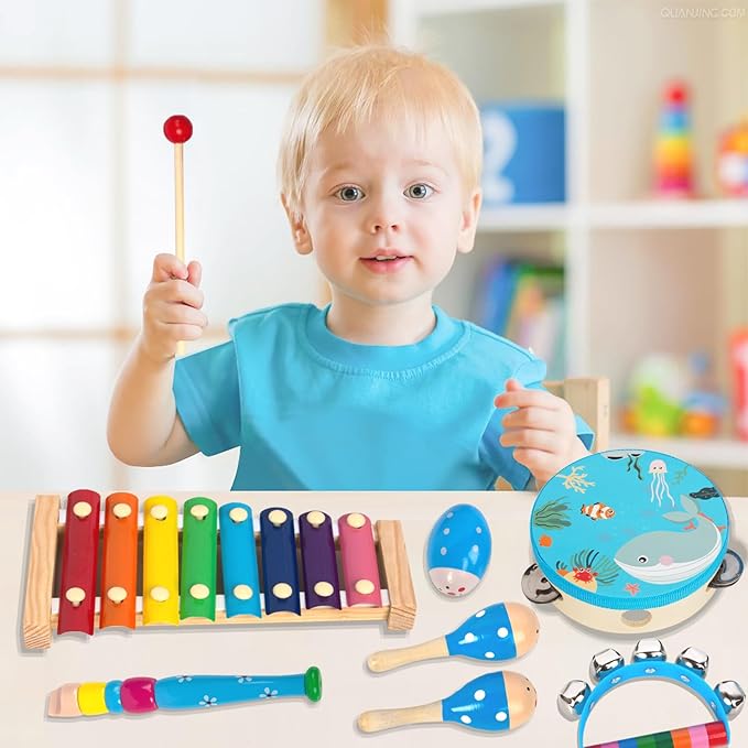 Wooden Musical Instruments Set for Toddlers 1-3, Natural Wood Percussion Instruments Xylophone Gift Set for Girls Boys Kids ,Preschool Educational Musical Toys with Storage Bag