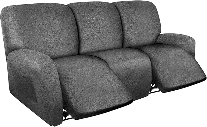 Leather Look Recliner Couch Cover 8-Piece Recliner Sofa Slipcovers 3 Seater for Reclining Couches Furniture Protector Spandex Fabric Washable (3 Seater, Light Grey)