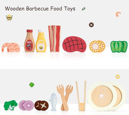 Play Food, Wooden Play Kitchen Food, Toy Food for Toy Kitchen and Grill, 24 Pcs Toddler Pretend Play with Play Dishes, Food Toys for Toddlers Boys Girls Ages 3+