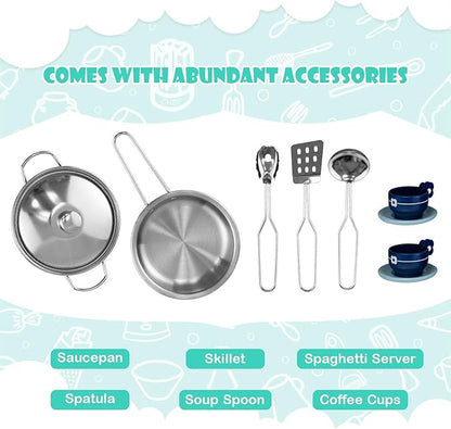 HONEY JOY Kids Kitchen Playset, 2-Piece Modular Wooden Corner Toy Kitchen Set/Washing Machine & Sink, Coffee Maker, Range Hood & Stove, Stool, Little Chef Pretend Play Kitchen for Toddlers, Natural