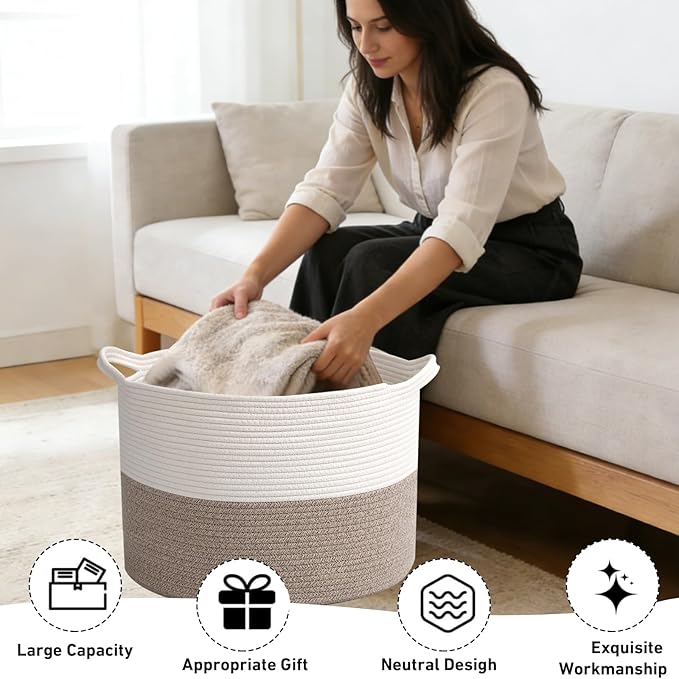 115L Extra Large Woven Cotton Rope Blanket Basket with Handles, Laundry Hamper Storage Bin for Pillows,Clothes, Bedroom and Living Room Organization, White & Brown