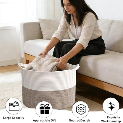 115L Extra Large Woven Cotton Rope Blanket Basket with Handles, Laundry Hamper Storage Bin for Pillows,Clothes, Bedroom and Living Room Organization, White & Brown