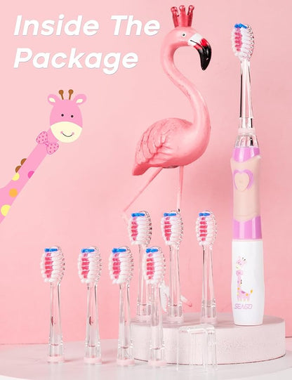 SEAGO Kids Electric Toothbrush with 2 Mins Brushing Timer and 8 Replacement Bursh Heads,Rainbow LED Light Make Brushing Fun, Pink Color Girls Battery Powerd Toothbrush for 4-12 Years Old
