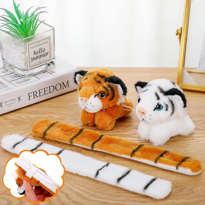 Sosation 6 Pcs Stuffed Animal Slap Bracelets for Kids Hug Slap Bracelet Bulk Tiger Leopard Stuffed Animal Plush Kids Toy for Halloween Birthday Gifts Party Favors(Tiger Style)