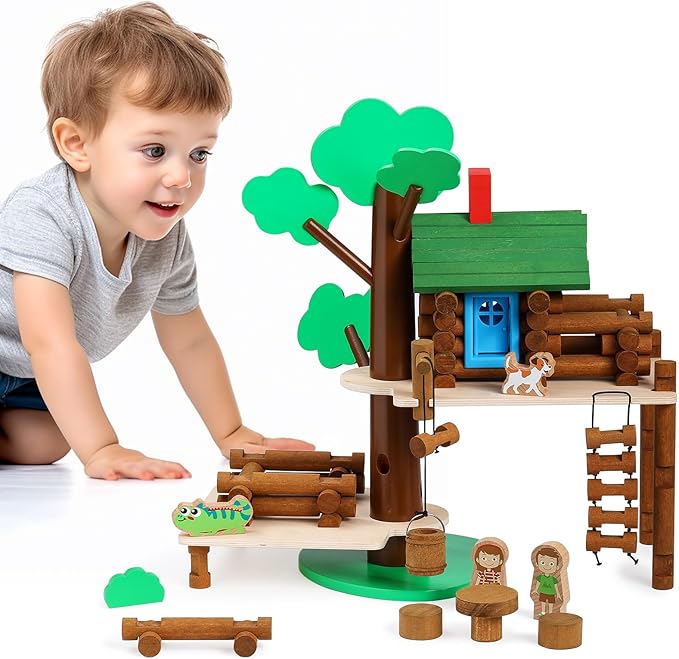 SainSmart Jr. 2-Tier Wooden Tree House Building Set – Educational Gift for Kids, Creative STEM Toy with Cabins and Interchangeable Leaves, STEM Retro Classic Toy Compatible with Lincoln Logs