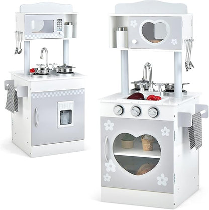 HONEY JOY Kids Kitchen Playset, Double Side Little Chef Play Kitchen for Toddlers, Oven & Sink, Ice Cube Dispenser, Utensils, Microwave, Storage Cabinet, Wooden Pretend Play Toy Kitchen Set, Gray
