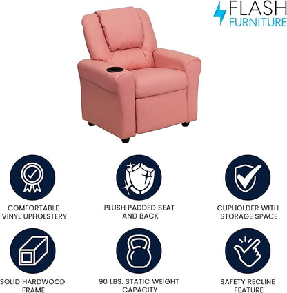 Flash Furniture Vana Vinyl Kids Recliner with Cup Holder, Headrest, and Safety Recline, Contemporary Reclining Chair for Kids, Supports up to 90 lbs., Pink