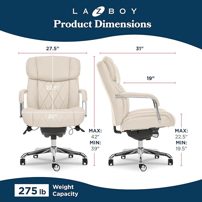 La-Z-Boy Sutherland Quilted Leather Executive Office Chair with Padded Arms, High Back Ergonomic Desk Chair with Lumbar Support, Ivory White Bonded Leather
