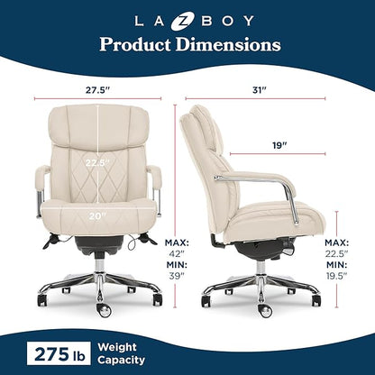 La-Z-Boy Sutherland Quilted Leather Executive Office Chair with Padded Arms, High Back Ergonomic Desk Chair with Lumbar Support, Ivory White Bonded Leather
