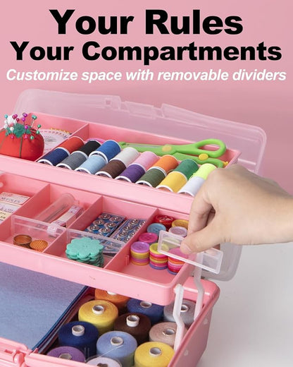TERGOO 12in 3-Layer Plastic Craft Organizers and Storage, Portable Folding Tackle Box with Handle & Adjustable Dividers, Multipurpose Case for Sewing, Art Supplies, Medicine, Tools (Pink)