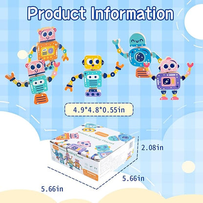 Wooden Robot Snap Building Blocks for Toddlers 1-3 4-8 2-4 Kids, 28 Psc Sets, Flexible Joint, Educational Montessori Fine Motor Skills Toys 3-4, STEM Toys, Birthday for Boys & Girls
