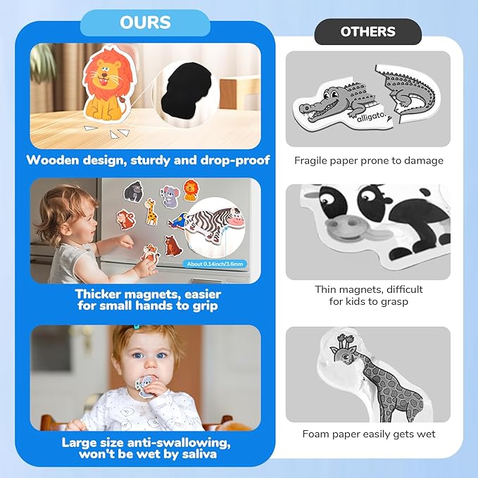 Wooden Fridge Magnets for Toddlers - 10 Cute Zoo Animals - Full Back Magnetic Toddler Magnets, Large Refrigerator Baby Toys, Fun Educational Learning Gifts for Preschool Kids Ages 2+