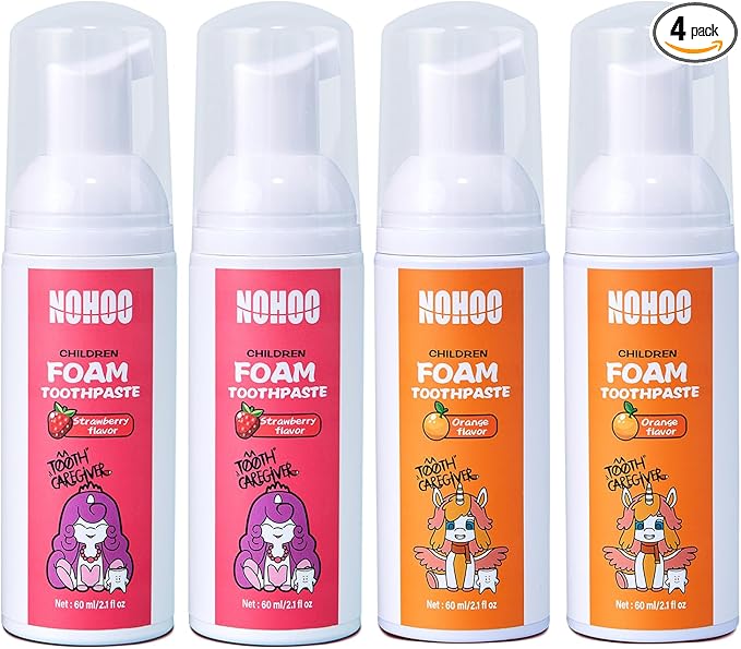 NOHOO Kids Foam Toothpaste with Fruit Flavor,Fluoride Free Natural Formul, Foam Toothpaste for Electric Toothbrush,Suitable for Toddler's Oral Cleaning and Cavity Prevention (2Strawberry+2Orange)
