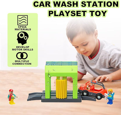 Car Wash Station Playset Toy for Wooden Train Track,Creative City Washer Scenes Pretend Play Toy Vehicles Train Accessory Preschool Learning Educational Toys for Toddlers Kids