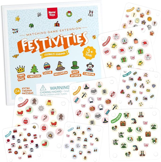 Nene Toys Festivities Memory Game Extension Set - 24 Additional Matching Cards for Christmas, Three Kings, Easter, Halloween, Carnival and More [Nene Toys Exclusive Size]