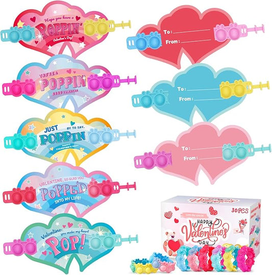 Valentines Day Gifts for Kids 30 Pack Pop Bracelets Fidget Toys Valentines Day Cards for Kids School Classroom Party Favors Valentines Exchange Gifts for Toddlers Girls Boys Class Prizes