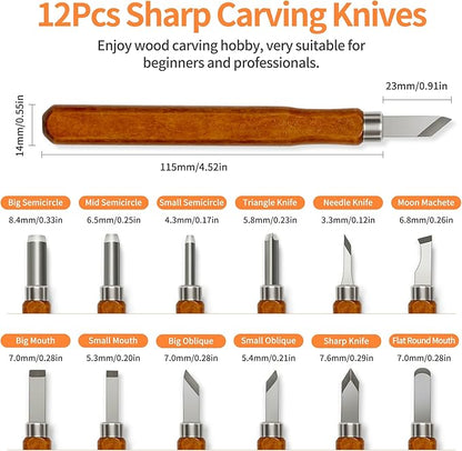 Wood Carving Tools Kit - Wood Carving Knife Set for Beginners, Professionals, Hobbyists, Artists, and Sculptors - Multipurpose Sculpting, Soap Carving, Pumpkin Carving(WOOD HANDLE)
