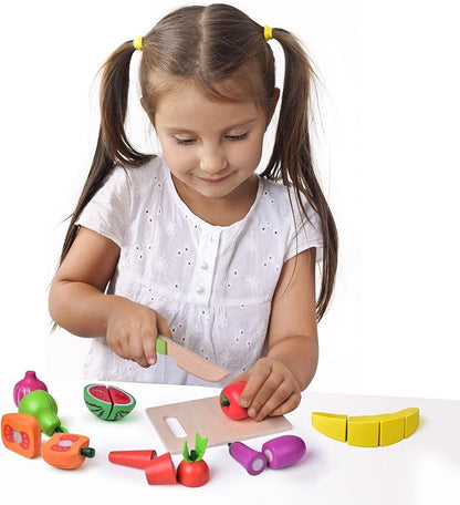 FUN LITTLE TOYS 35PCS Wooden Play Food for Kids Kitchen, Pretend Cutting Food Toys with Wooden Tray, Dishes and Knife for Kids, Pretend Play Food for Christmas Birthday Gifts