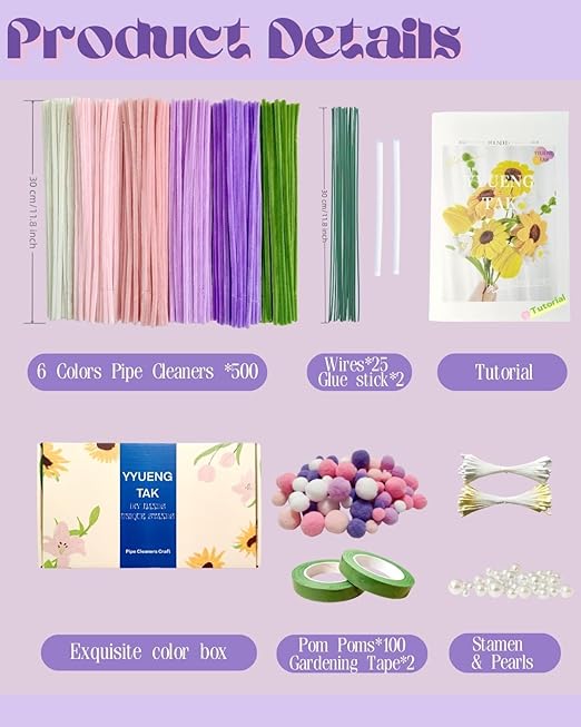 YYUENGTAK 500 Pcs Pink & Purple Pipe Cleaners Flower kit,Chenille Stems for DIY Art Projects Creative Gift,Pipe Cleaners Craft with tutoria,Pearls,Pompoms,Green Floral Wires,Gardening Tape,Stamen