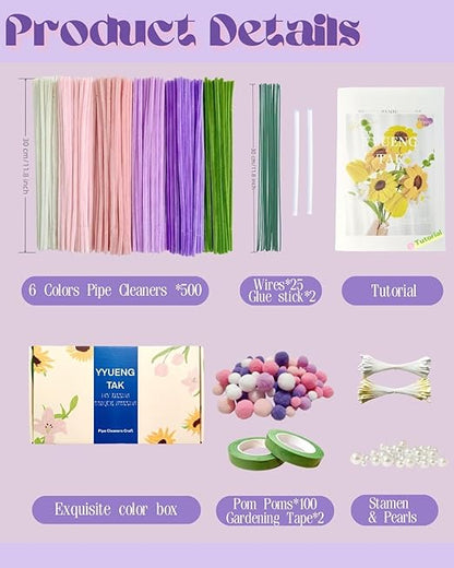 YYUENGTAK 500 Pcs Pink & Purple Pipe Cleaners Flower kit,Chenille Stems for DIY Art Projects Creative Gift,Pipe Cleaners Craft with tutoria,Pearls,Pompoms,Green Floral Wires,Gardening Tape,Stamen