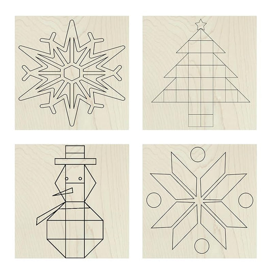 Set of Four 9 Inch Barn Quilt Kit DIY Pattern Unfinished Wood Quilting Block Sign Paintable Crafts for Women AVTRBoutique (Snowman, Pine Tree, Pumpkin, Snowflake)