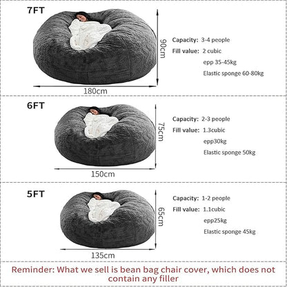 Bean Bag Chair for Kids Adults Without Filler Oversized Round Plush Beanbag Chair Lazy Sofa Cover for Stuffed Animal Storage Floor Chair, 5FT, Light Grey
