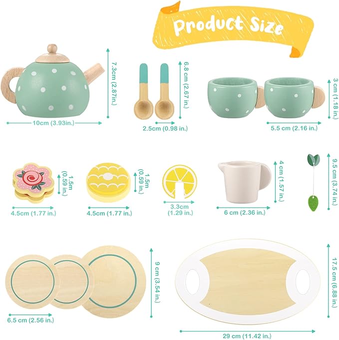 GAGAKU Wooden Tea Set for Little Girls,Wooden Toys Toddler Tea Set Play Kitchen Accessories for Kids Pretend Play Food Playset for Kids Tea Party 15Pcs
