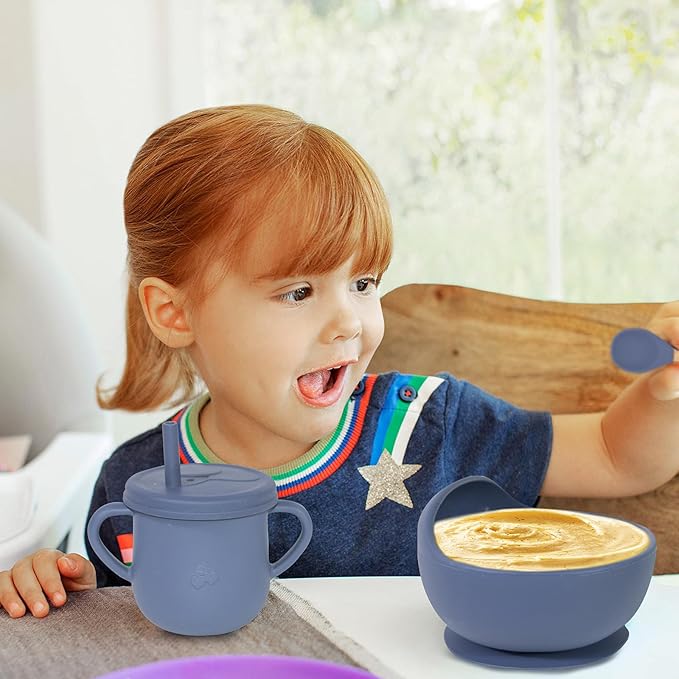 100% Silicone Baby Feeding Set,BPA Free Baby Dishes Set with Suction Bowl Divided Plate,Toddler Self Feeding Dish Set with Spoons Forks Sippy Cup and Bib, Baby Eating Utensils (Navy Blue)