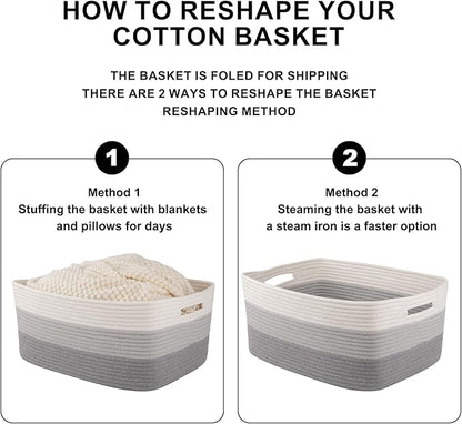 OIASKET Large Storage Basket for Organizing, Woven Rope Basket for Shelves, Closet Organizer Bins for Clothes, Blanket, Toys, Baby Nursery Storage, 17.7" x 13" x 7.87", 3 Packs Gradient Grey
