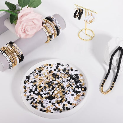 White Black Clay Beads Bracelet Making kit, Funtopia Heishi Beads Polymer Clay Beads for Jewelry Making, Friendship Bracelet Kit with Gold Beads Alphabet Letter Beads for Girls Adults (6mm)