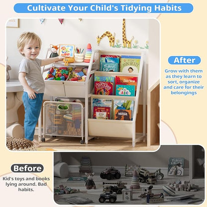 Kids Bookshelf and Toy Storage Organizer - 3 Tier Book Shelf for Kids Rooms with Movable Drawer, Kid Bookcase with 2 Toy Bins, Toddler Baby Childrens Bookshelf, for Bedroom Playroom Classroom (White)
