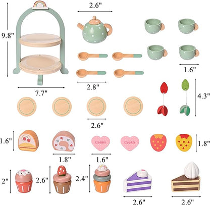 27pcs Wooden Tea Set for Little Girls, Toddler Tea Set Wooden Toys Play Kitchen Accessories with Cupcake Stand, Kids Tea Party Set Pretend Play Food Birthday Gift Playset