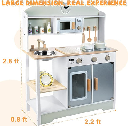 Wooden Kitchen Set for Kids, Realistic Pretend Play Kitchen Utensils Encourage Interaction for Toddlers, Simulated Kitchen Toys Set for Boys Girls Age 3+
