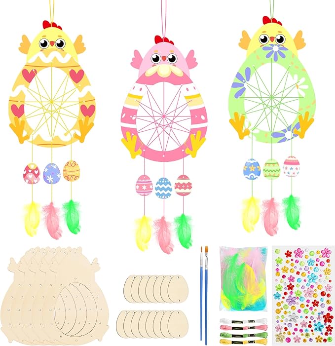 Fennoral 5 Pack Easter Chick Craft for Kids Paint You Own Chick Dream Catcher Craft Kit for Kids DIY Coloring Wooden Easter Arts and Crafts for Art Activity Project Project Easter Decoration