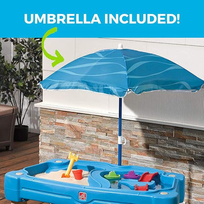 Step2 Cascading Cove Sand and Water Table, Kids Activity Sensory Playset, Comes with Umbrella, Summer Outdoor Toys, 7 Piece Toy Accessories, For Toddlers 1.5+ Years Old