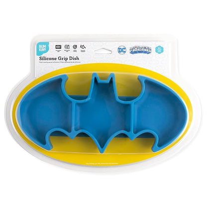Bumkins Toddler and Baby Suction Plate, Silicone Grip Dish, Babies and Kids, Baby Led Weaning, Children Feeding Supplies, Non Skid Sticky Bottom, Platinum Silicone, Ages 6 Months Up, Batman Blue